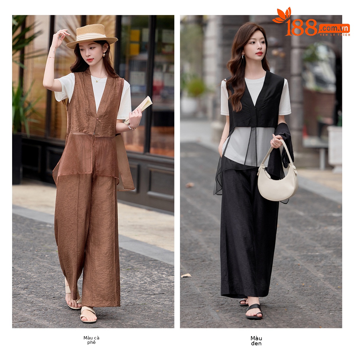 Bộ quần áo nữ V-neck vest kết hợp quần ống rộng hai mảnh mùa hè 2026 — màu đen, màu cà phê chi tiết 13