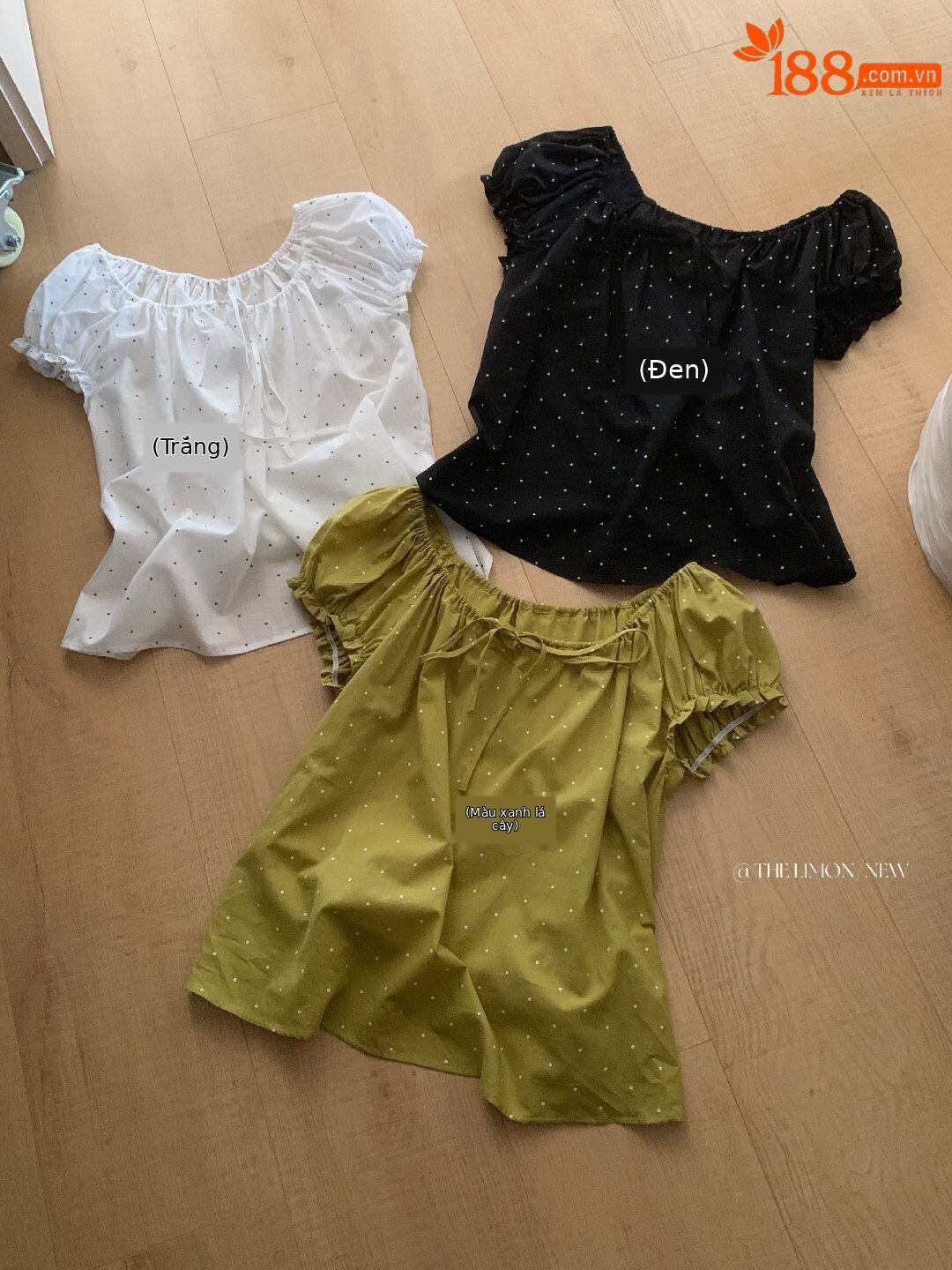 Áo sơ mi nữ tay bồng chấm bi phong cách Nhật, cổ dây rút, dáng suông trẻ trung — màu đen, màu trắng, xanh lá cây chi tiết 1