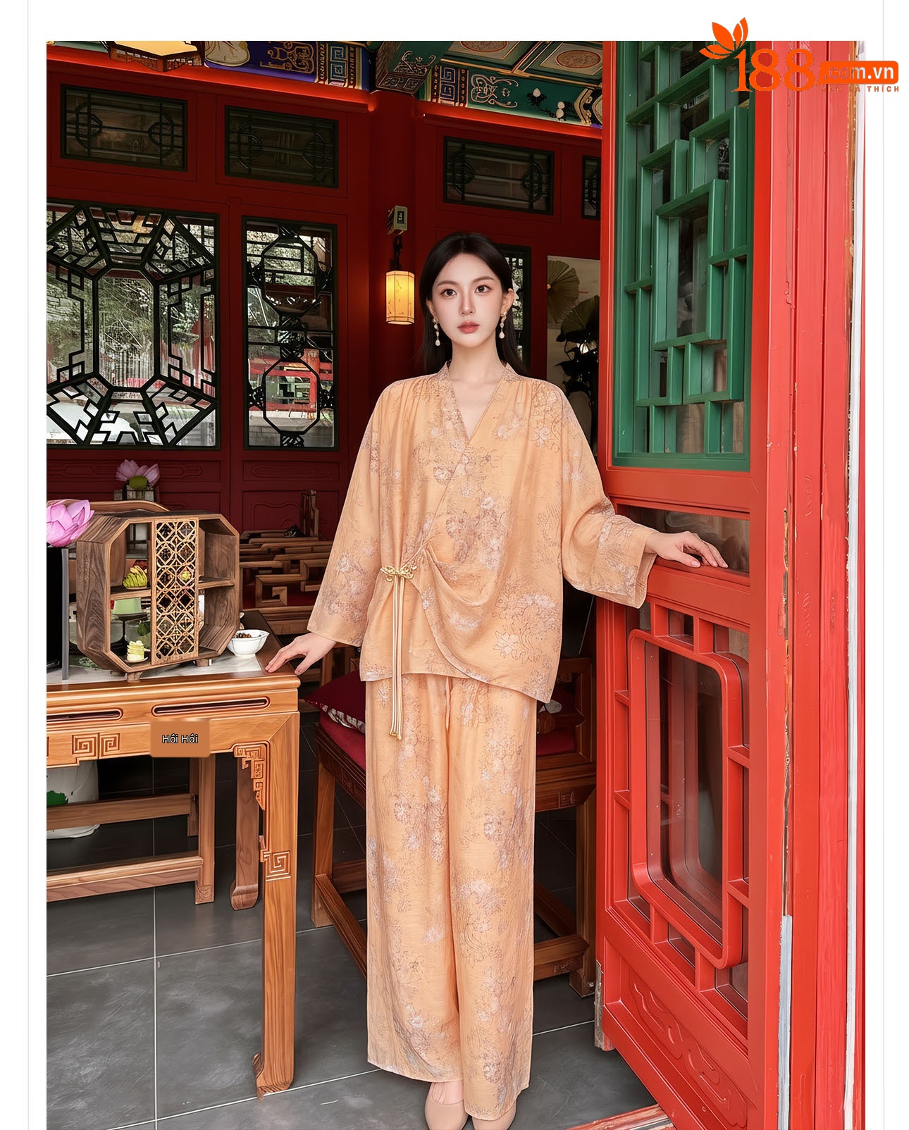 Bộ đồ bộ nữ phong cách Trung Hoa mới, áo rộng quần ống rộng họa tiết jacquard, form suông thoải mái — Trang chủ, bộ đồ, Quần dài chi tiết 7