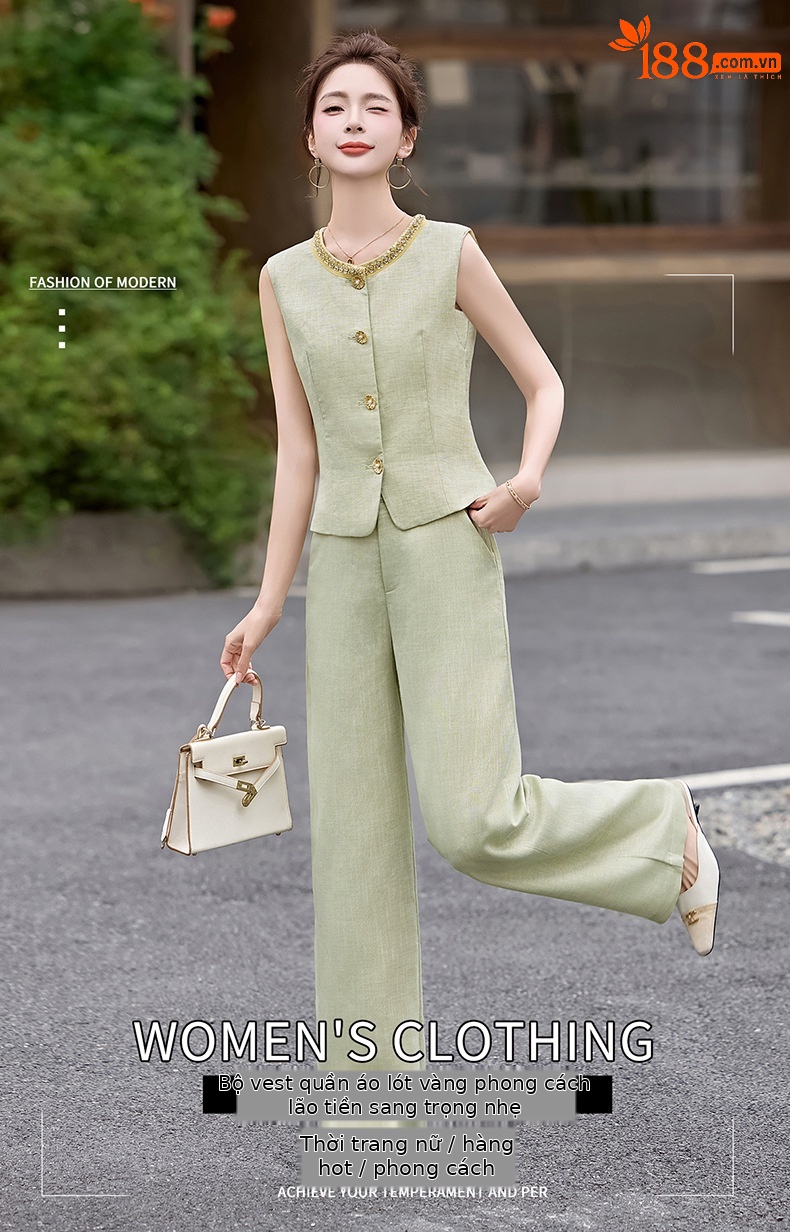 Bộ yếm quần ống rộng nữ hai mảnh không tay phối quần ống rộng cao cấp HE6605 — Màu hồng, xanh lá cây chi tiết 1