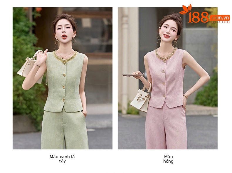 Bộ yếm quần ống rộng nữ hai mảnh không tay phối quần ống rộng cao cấp HE6605 — Màu hồng, xanh lá cây chi tiết 7