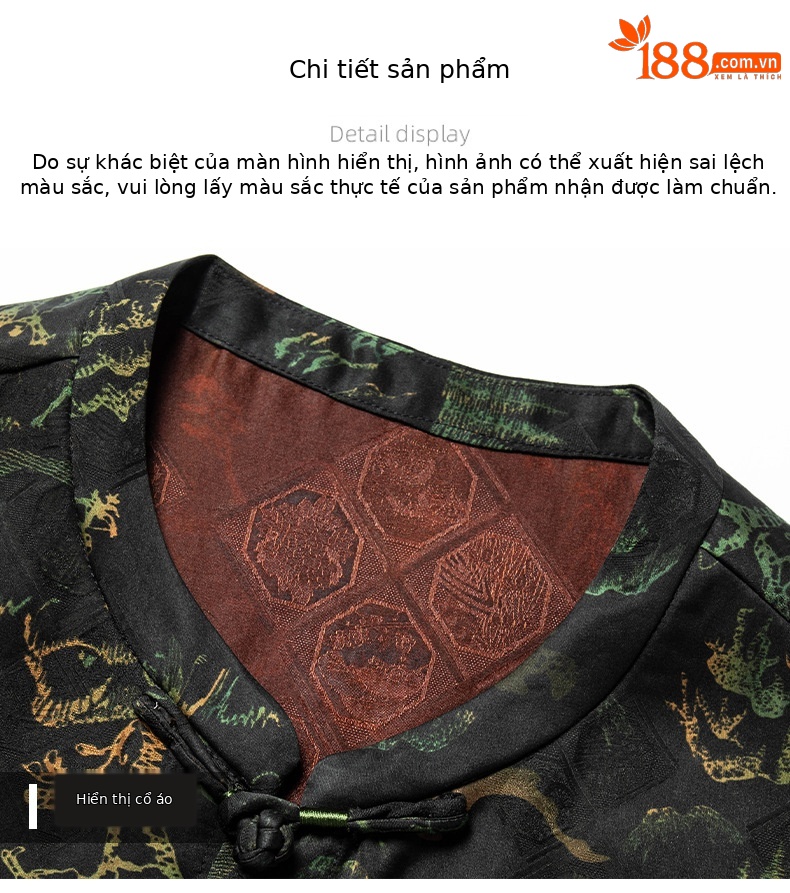 Áo sơ mi nam tay ngắn cổ đứng lụa tơ tằm Hương Vân Sa rộng rãi thoáng khí — Xanh lá cây 26627 chi tiết 12