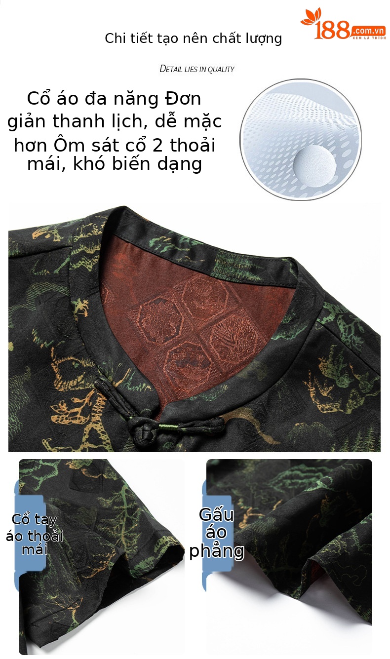 Áo sơ mi nam tay ngắn cổ đứng lụa tơ tằm Hương Vân Sa rộng rãi thoáng khí — Xanh lá cây 26627 chi tiết 4
