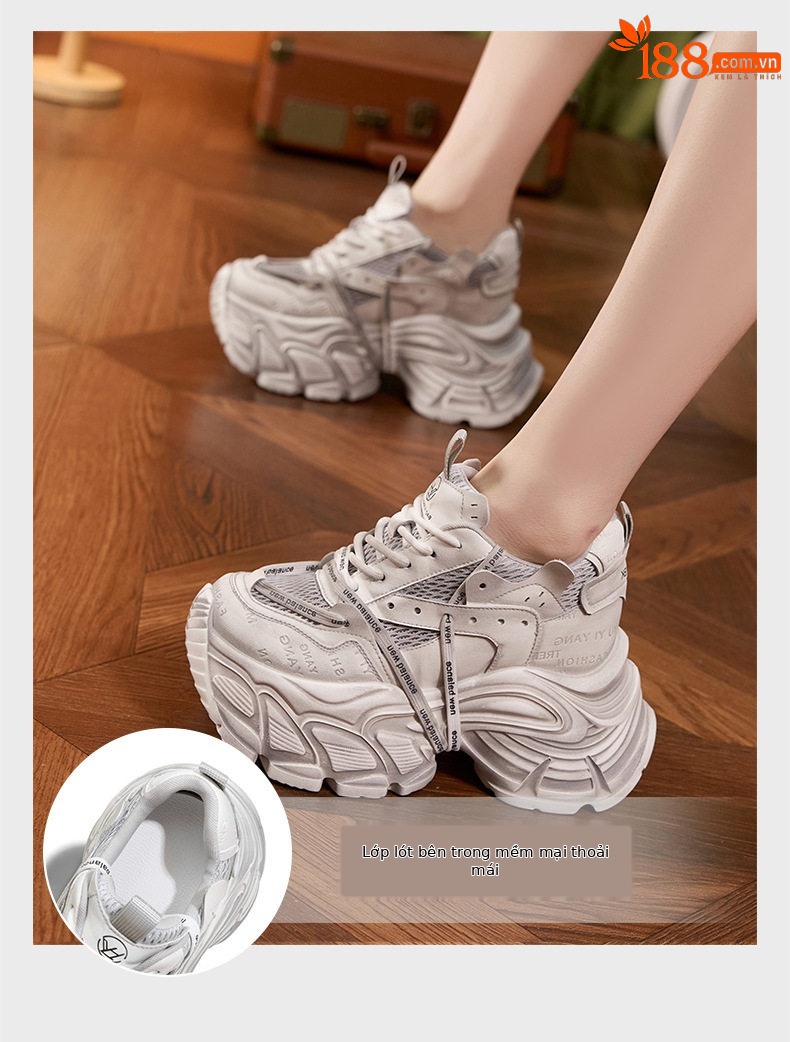 Giày thể thao platform nữ đế dày microfibre thoáng khí, gót siêu cao 8 cm — Xám chi tiết 5