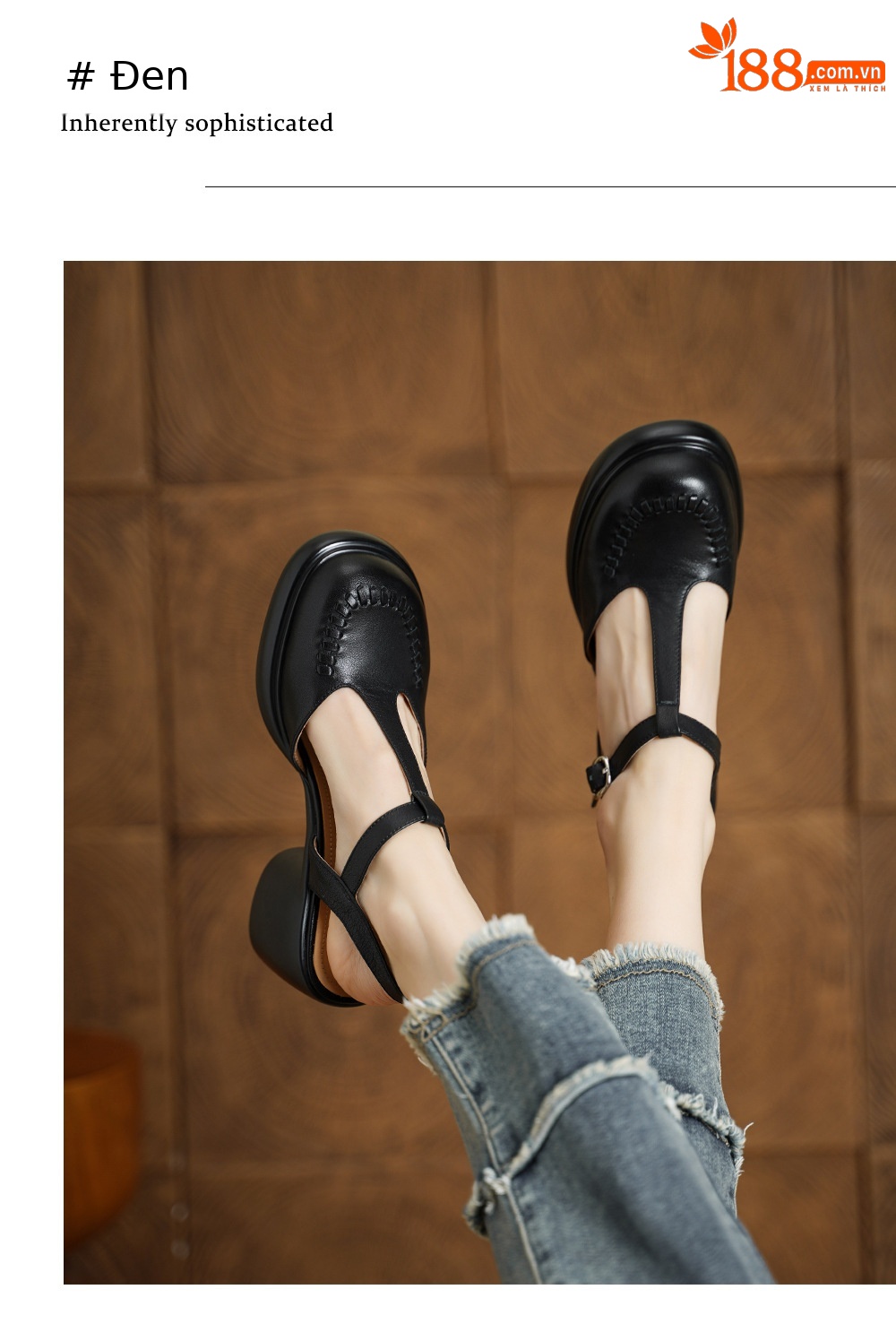 Sandal cao gót nữ quai ngang mũi nhọn da bò thật, gót 8 cm đế dày — đen chi tiết 6