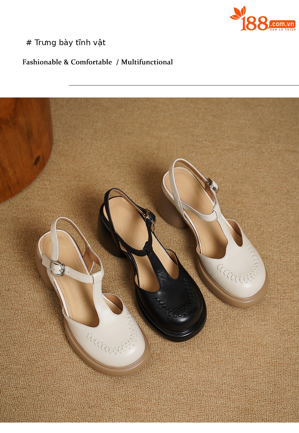 Sandal cao gót nữ quai ngang mũi nhọn da bò thật, gót 8 cm đế dày — đen chi tiết 12