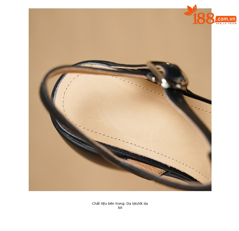 Sandal cao gót nữ quai ngang mũi nhọn da bò thật, gót 8 cm đế dày — đen chi tiết 18