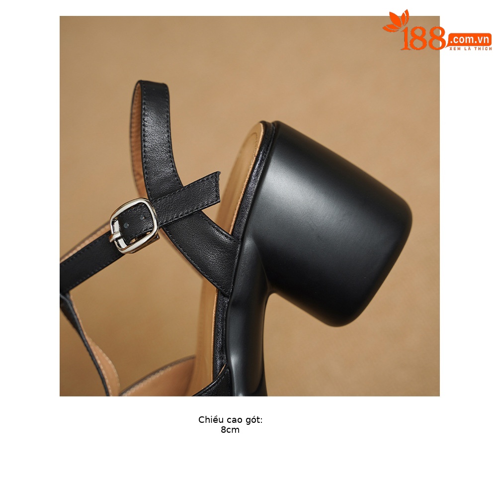 Sandal cao gót nữ quai ngang mũi nhọn da bò thật, gót 8 cm đế dày — đen chi tiết 19