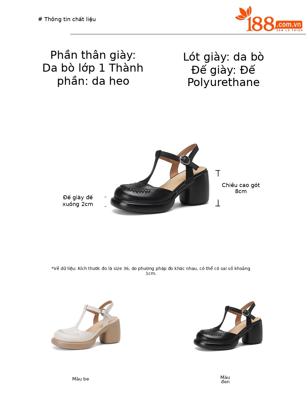 Sandal cao gót nữ quai ngang mũi nhọn da bò thật, gót 8 cm đế dày — đen chi tiết 1
