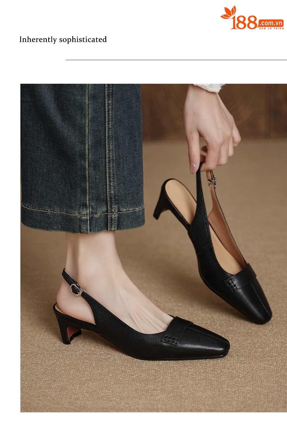Sandal nữ da dê gót vuông 4.5 cm mũi kín hở gót phong cách Hàn Quốc — đen chi tiết 6