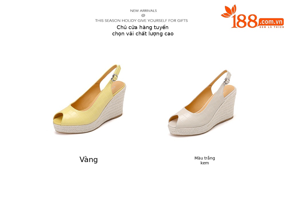 Sandal cao gót nữ hở mũi quai ngang đế xuồng đan rơm — màu trắng ngà, màu vàng chi tiết 4