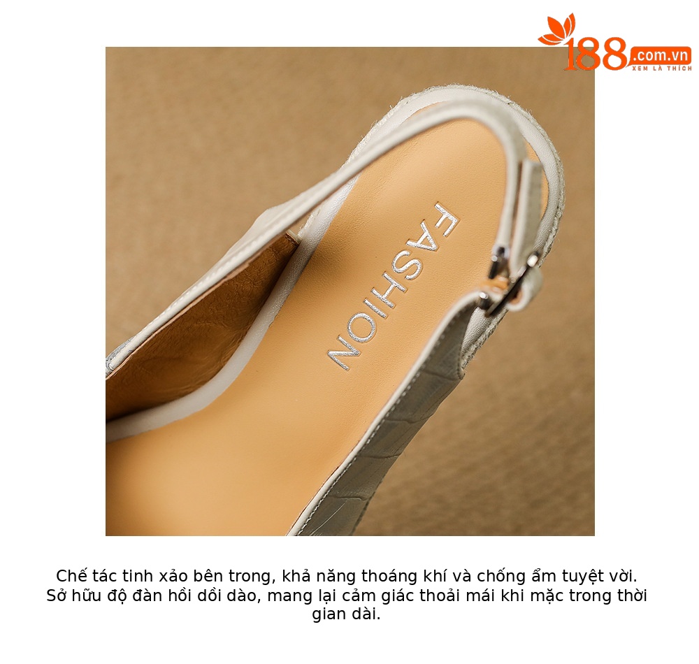Sandal cao gót nữ hở mũi quai ngang đế xuồng đan rơm — màu trắng ngà, màu vàng chi tiết 19