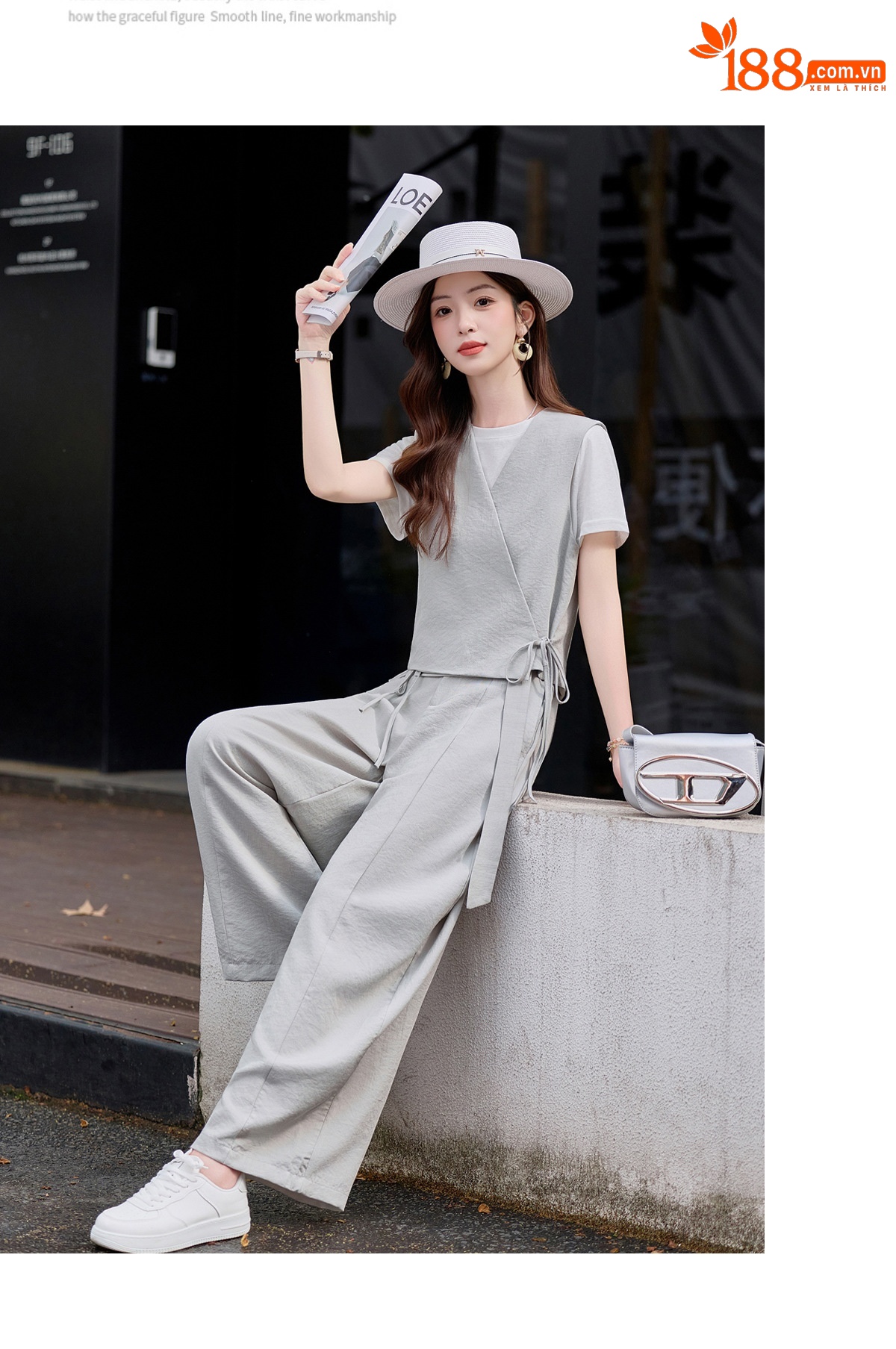 Bộ ba món mùa hè nữ gồm áo thun cổ tròn, áo vest cổ V và quần ống rộng — màu đen, màu xám chi tiết 18