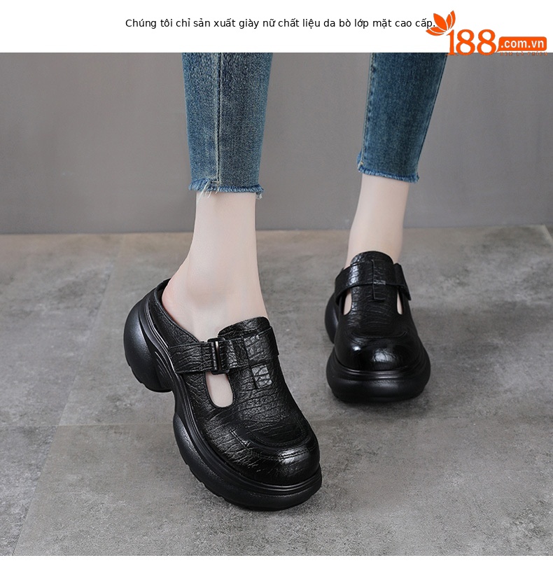 Dép sandal nữ quai chữ V bít mũi da thật đế tăng chiều cao phong cách cổ điển — màu nâu chi tiết 2