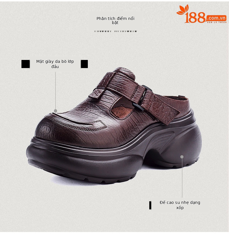 Dép sandal nữ quai chữ V bít mũi da thật đế tăng chiều cao phong cách cổ điển — màu nâu chi tiết 3