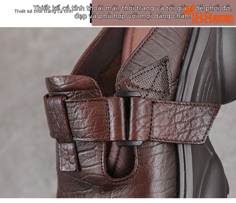 Dép sandal nữ quai chữ V bít mũi da thật đế tăng chiều cao phong cách cổ điển — màu nâu chi tiết 5