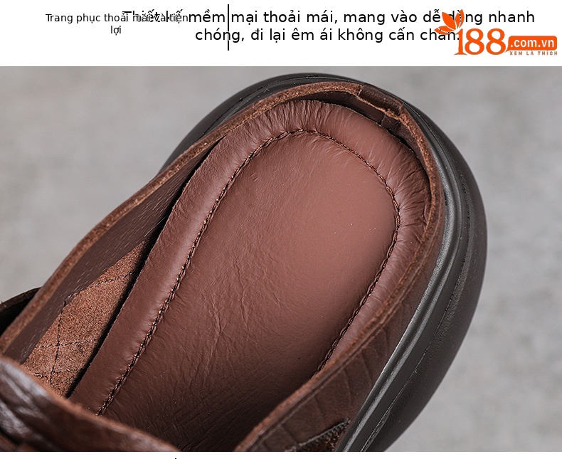 Dép sandal nữ quai chữ V bít mũi da thật đế tăng chiều cao phong cách cổ điển — màu nâu chi tiết 6