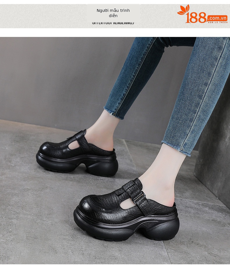 Dép sandal nữ quai chữ V bít mũi da thật đế tăng chiều cao phong cách cổ điển — màu nâu chi tiết 9
