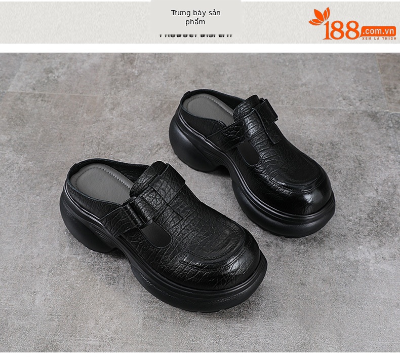 Dép sandal nữ quai chữ V bít mũi da thật đế tăng chiều cao phong cách cổ điển — màu nâu chi tiết 10