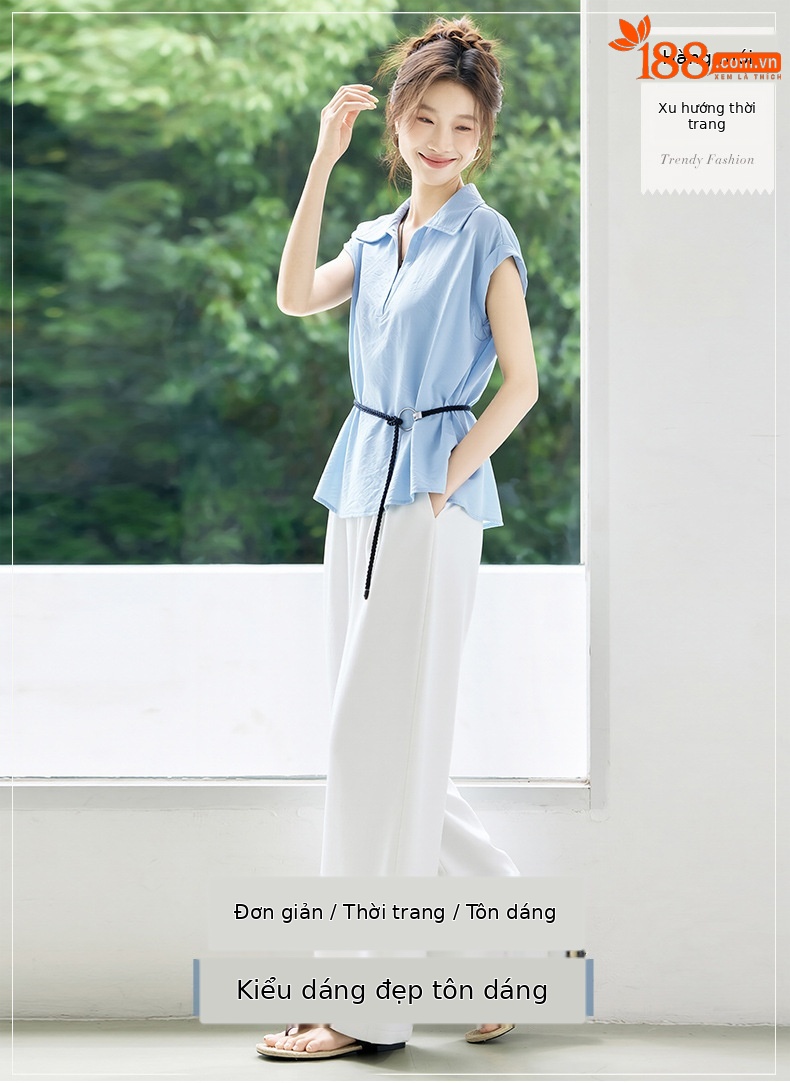 Bộ sơ mi tay dài kết hợp quần ống đứng nữ thanh lịch OU6935 — màu xanh nhạt, Xanh lá cây nhạtcolor chi tiết 1