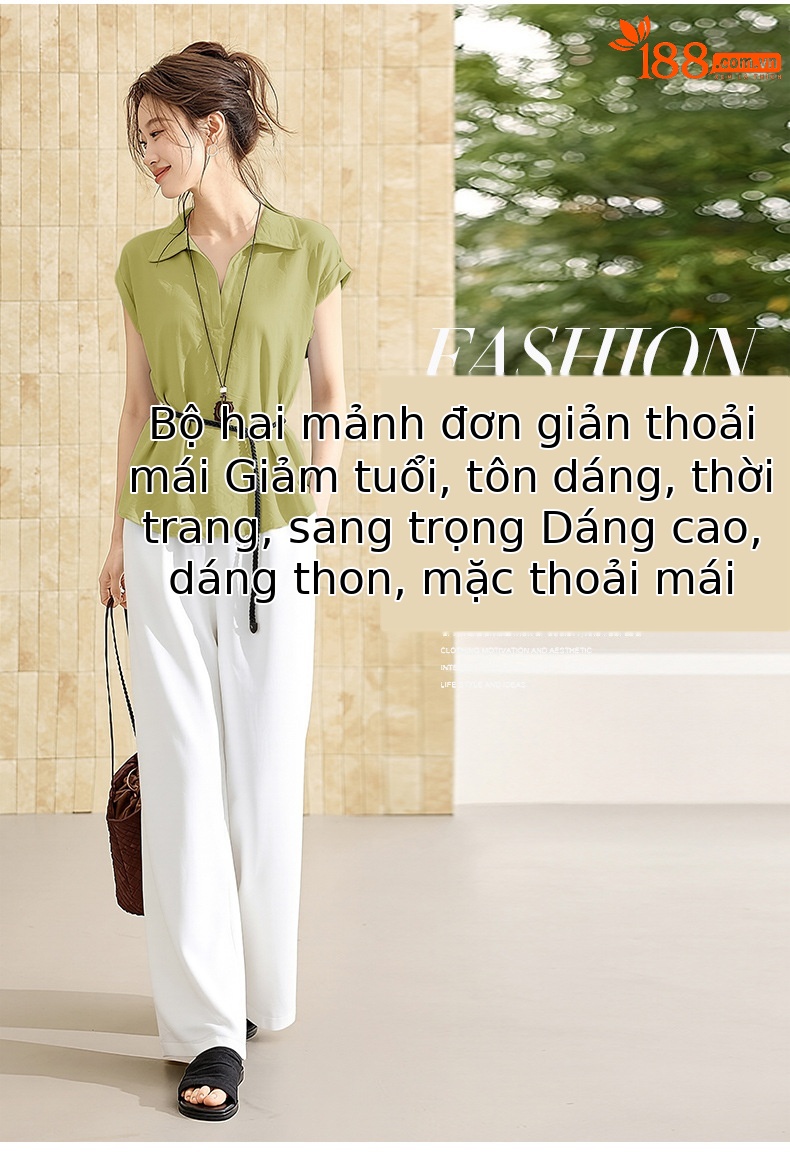 Bộ sơ mi tay dài kết hợp quần ống đứng nữ thanh lịch OU6935 — màu xanh nhạt, Xanh lá cây nhạtcolor chi tiết 2