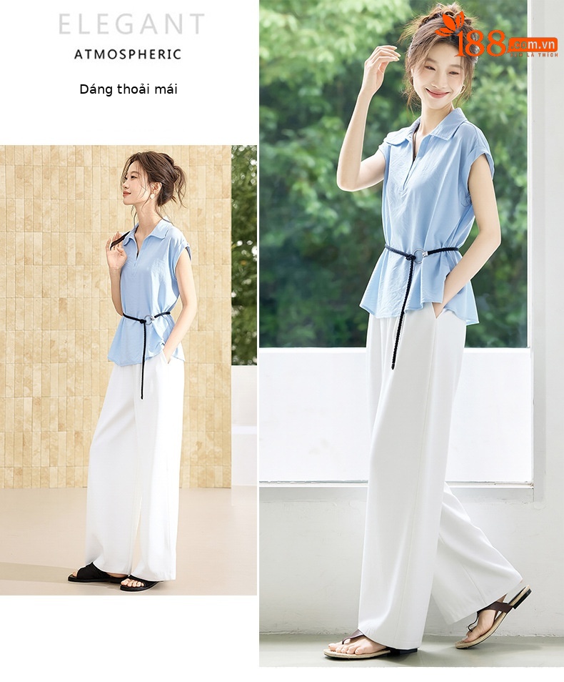 Bộ sơ mi tay dài kết hợp quần ống đứng nữ thanh lịch OU6935 — màu xanh nhạt, Xanh lá cây nhạtcolor chi tiết 9