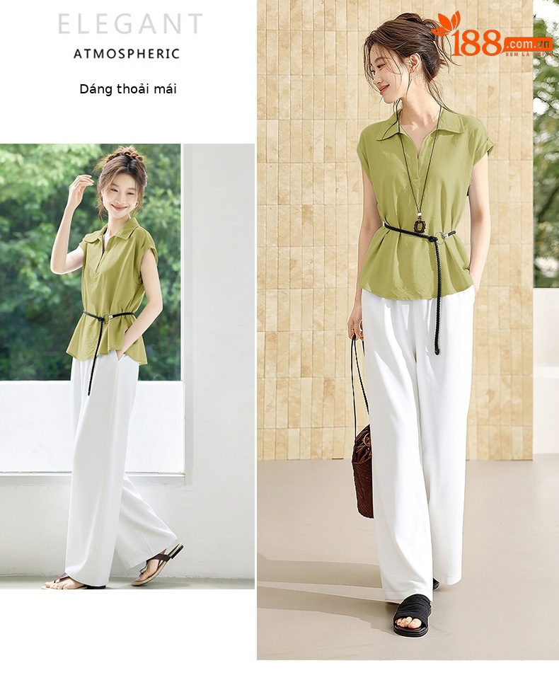 Bộ sơ mi tay dài kết hợp quần ống đứng nữ thanh lịch OU6935 — màu xanh nhạt, Xanh lá cây nhạtcolor chi tiết 12