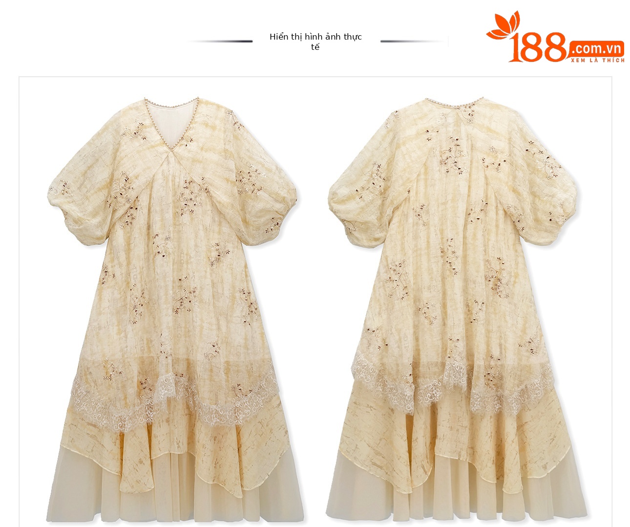 Đầm maxi nữ thắt eo phong cách Tân Trung Hoa, tay ngắn, cổ viền ren, thêu hoa tinh tế — màu trắng ngà chi tiết 13