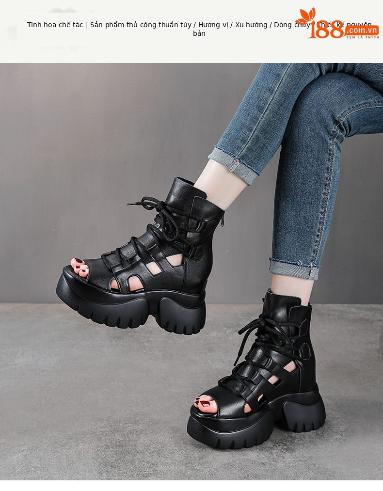 Sandal cao gót nữ hở mũi da bò thật quai buộc dây kéo sau — màu đen chi tiết 1