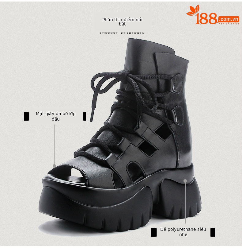 Sandal cao gót nữ hở mũi da bò thật quai buộc dây kéo sau — màu đen chi tiết 3