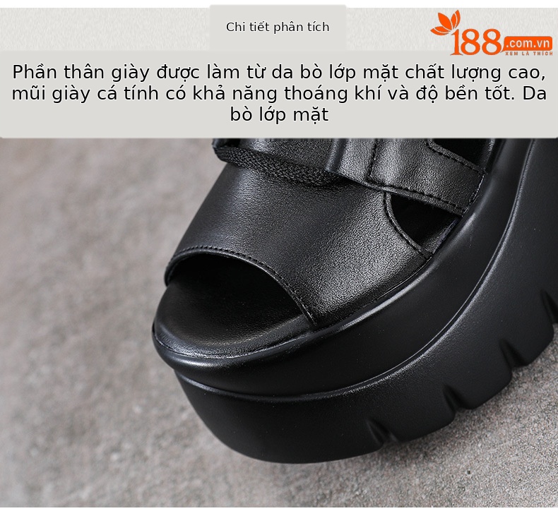 Sandal cao gót nữ hở mũi da bò thật quai buộc dây kéo sau — màu đen chi tiết 4