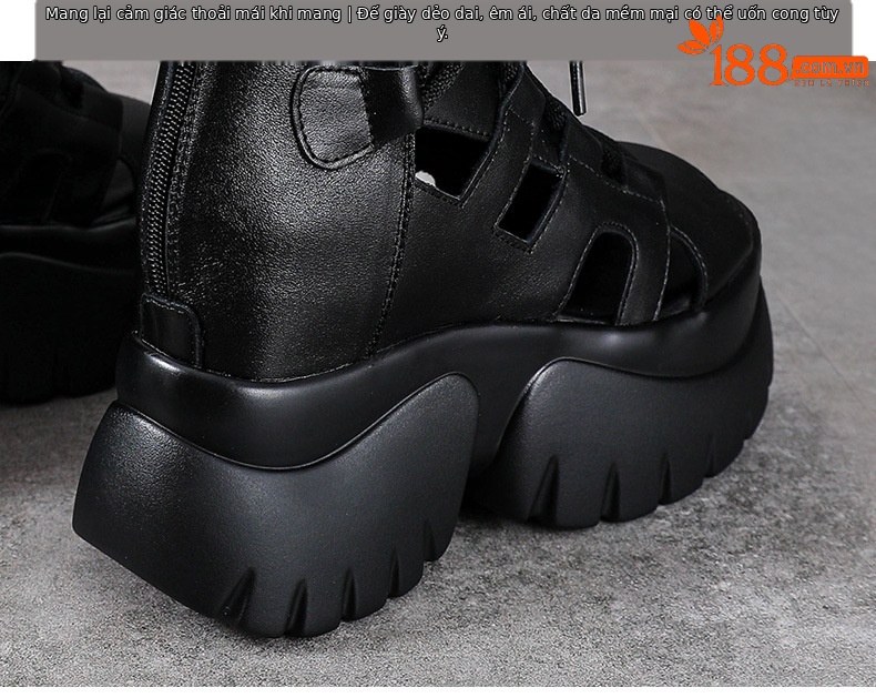 Sandal cao gót nữ hở mũi da bò thật quai buộc dây kéo sau — màu đen chi tiết 8
