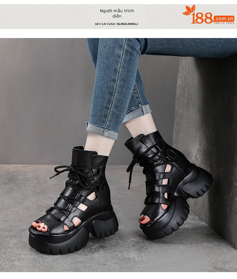 Sandal cao gót nữ hở mũi da bò thật quai buộc dây kéo sau — màu đen chi tiết 9