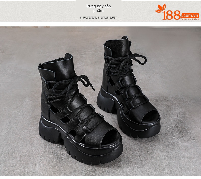 Sandal cao gót nữ hở mũi da bò thật quai buộc dây kéo sau — màu đen chi tiết 10