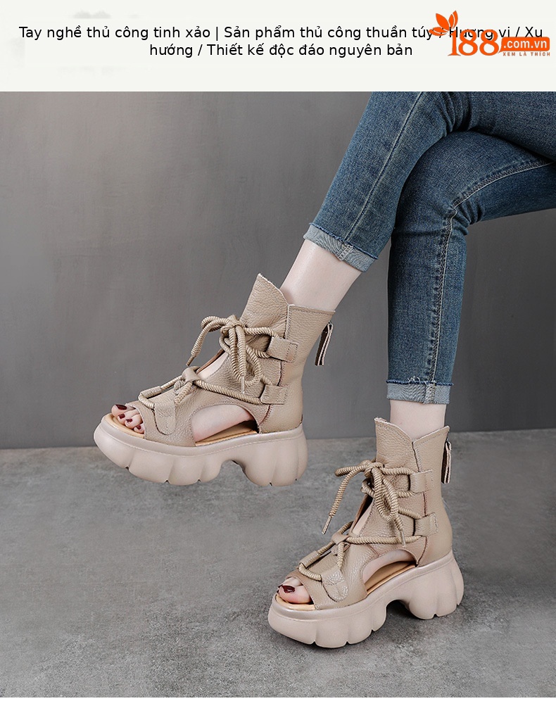 Sandal cao gót nữ hở mũi phong cách La Mã, đế dày, da bò thật, cổ cao lỗ thoáng — màu be chi tiết 1