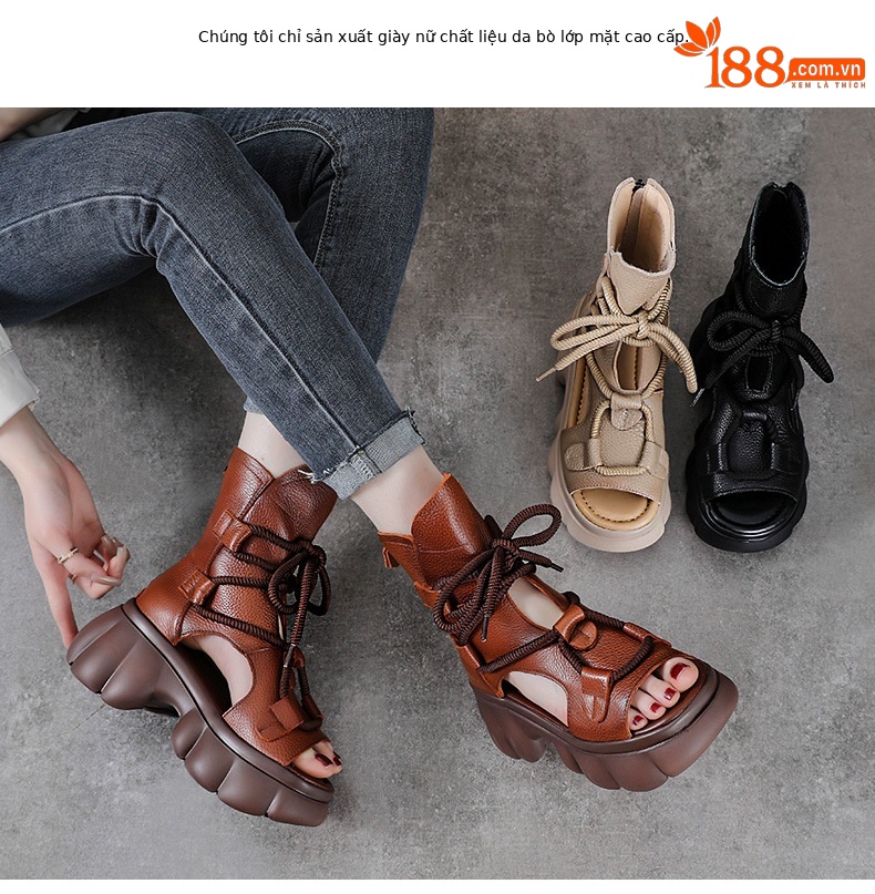 Sandal cao gót nữ hở mũi phong cách La Mã, đế dày, da bò thật, cổ cao lỗ thoáng — màu be chi tiết 2