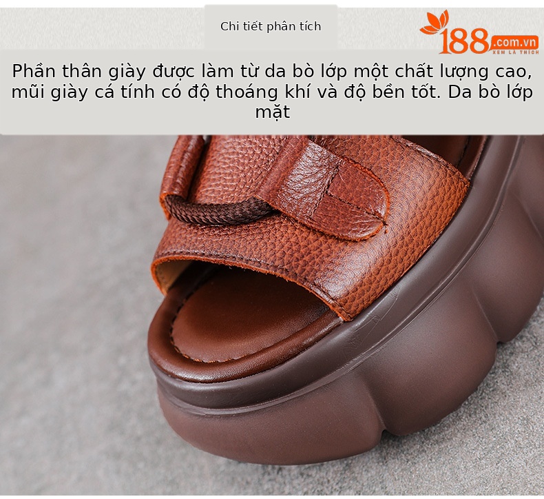 Sandal cao gót nữ hở mũi phong cách La Mã, đế dày, da bò thật, cổ cao lỗ thoáng — màu be chi tiết 4