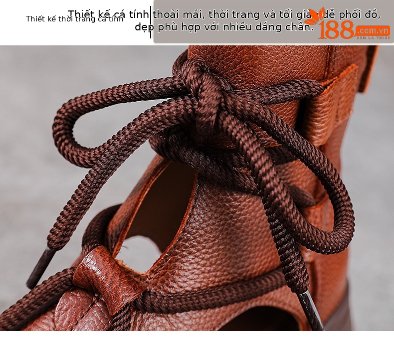 Sandal cao gót nữ hở mũi phong cách La Mã, đế dày, da bò thật, cổ cao lỗ thoáng — màu be chi tiết 5