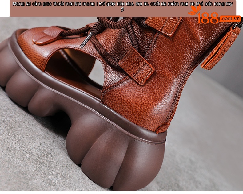 Sandal cao gót nữ hở mũi phong cách La Mã, đế dày, da bò thật, cổ cao lỗ thoáng — màu be chi tiết 8