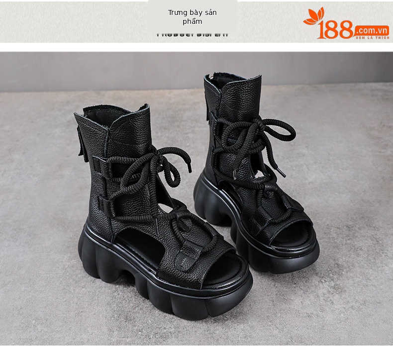 Sandal cao gót nữ hở mũi phong cách La Mã, đế dày, da bò thật, cổ cao lỗ thoáng — màu be chi tiết 10