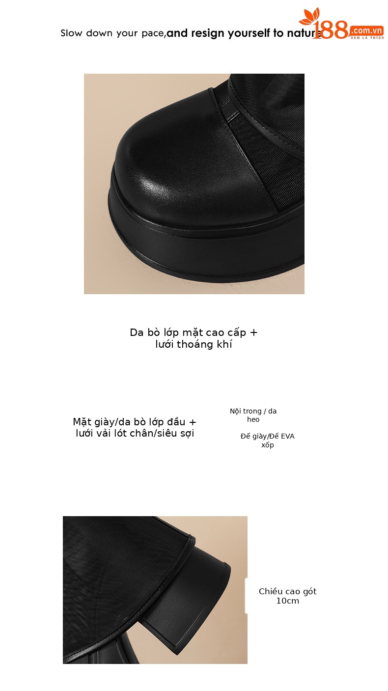 Boot nữ cổ cao ôm bắp chân đế dày 10 cm, lưới thoáng khí, khóa kim loại — màu đen, màu trắng chi tiết 3