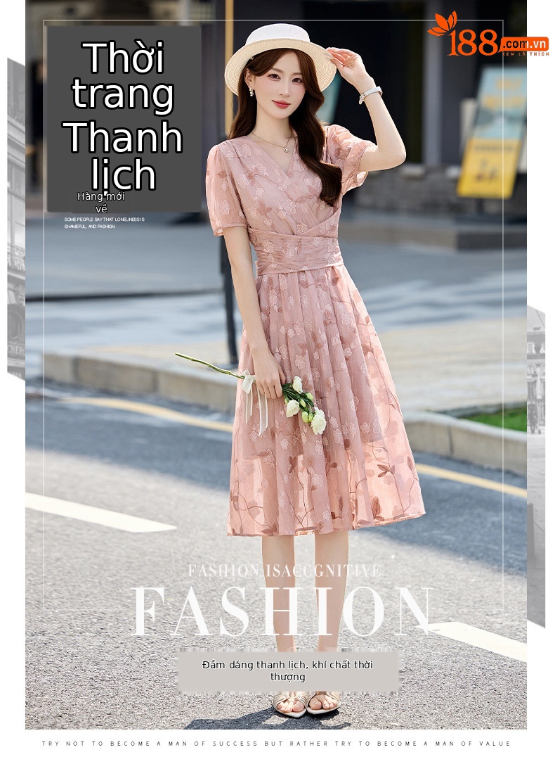 Đầm maxi nữ thắt eo tay bồng họa tiết hoa nhỏ cổ chữ V phong cách tea dress — Màu hồng, màu vàng chi tiết 1