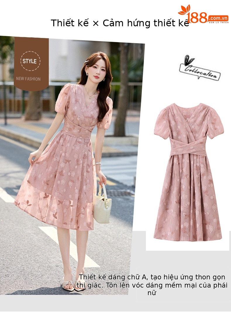 Đầm maxi nữ thắt eo tay bồng họa tiết hoa nhỏ cổ chữ V phong cách tea dress — Màu hồng, màu vàng chi tiết 2