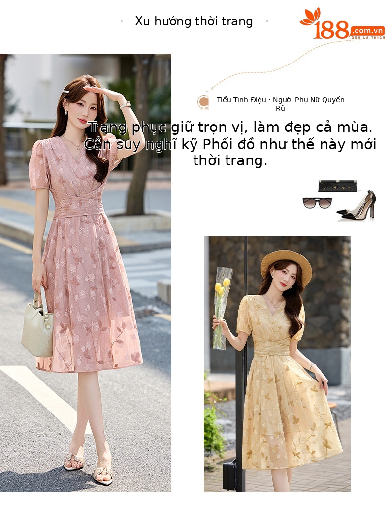 Đầm maxi nữ thắt eo tay bồng họa tiết hoa nhỏ cổ chữ V phong cách tea dress — Màu hồng, màu vàng chi tiết 3