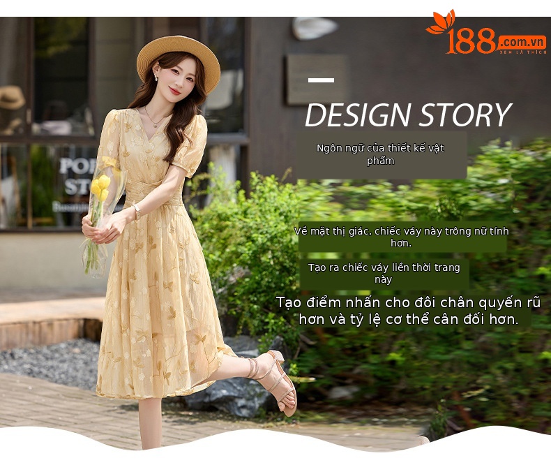 Đầm maxi nữ thắt eo tay bồng họa tiết hoa nhỏ cổ chữ V phong cách tea dress — Màu hồng, màu vàng chi tiết 5