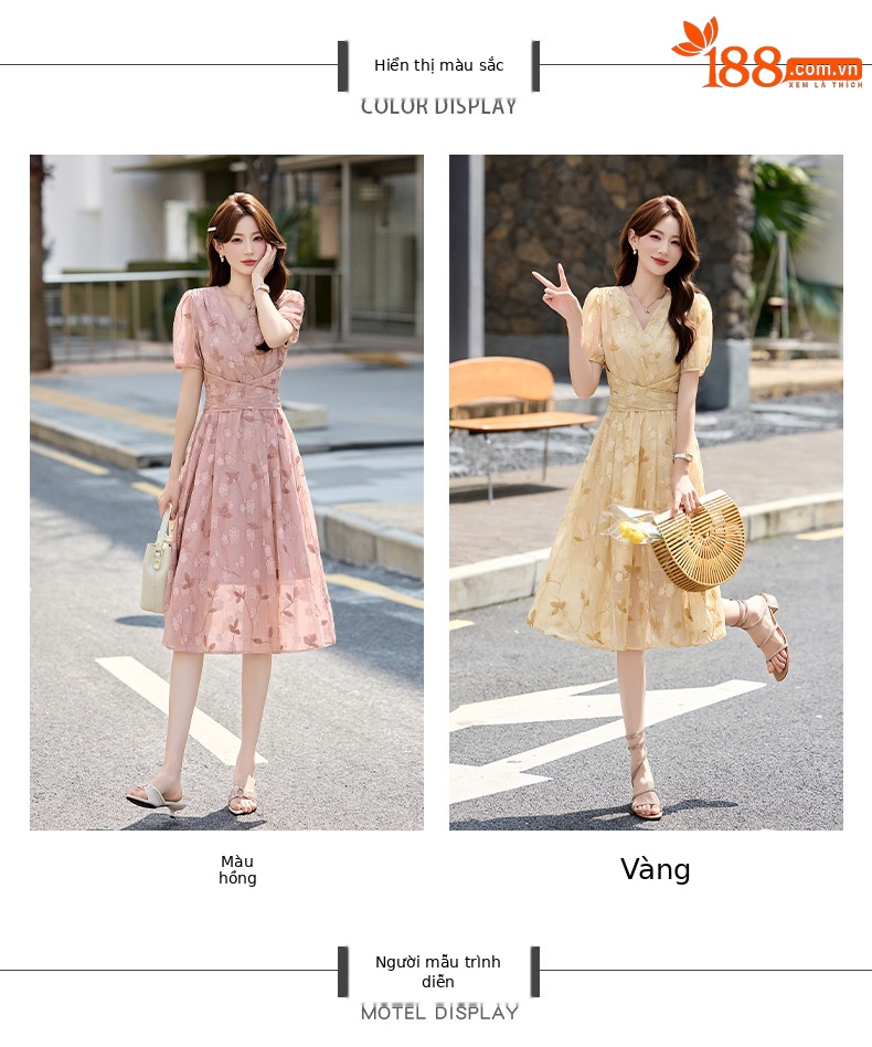 Đầm maxi nữ thắt eo tay bồng họa tiết hoa nhỏ cổ chữ V phong cách tea dress — Màu hồng, màu vàng chi tiết 7