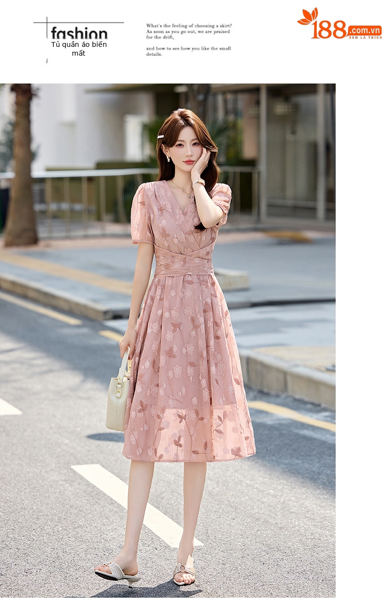 Đầm maxi nữ thắt eo tay bồng họa tiết hoa nhỏ cổ chữ V phong cách tea dress — Màu hồng, màu vàng chi tiết 17