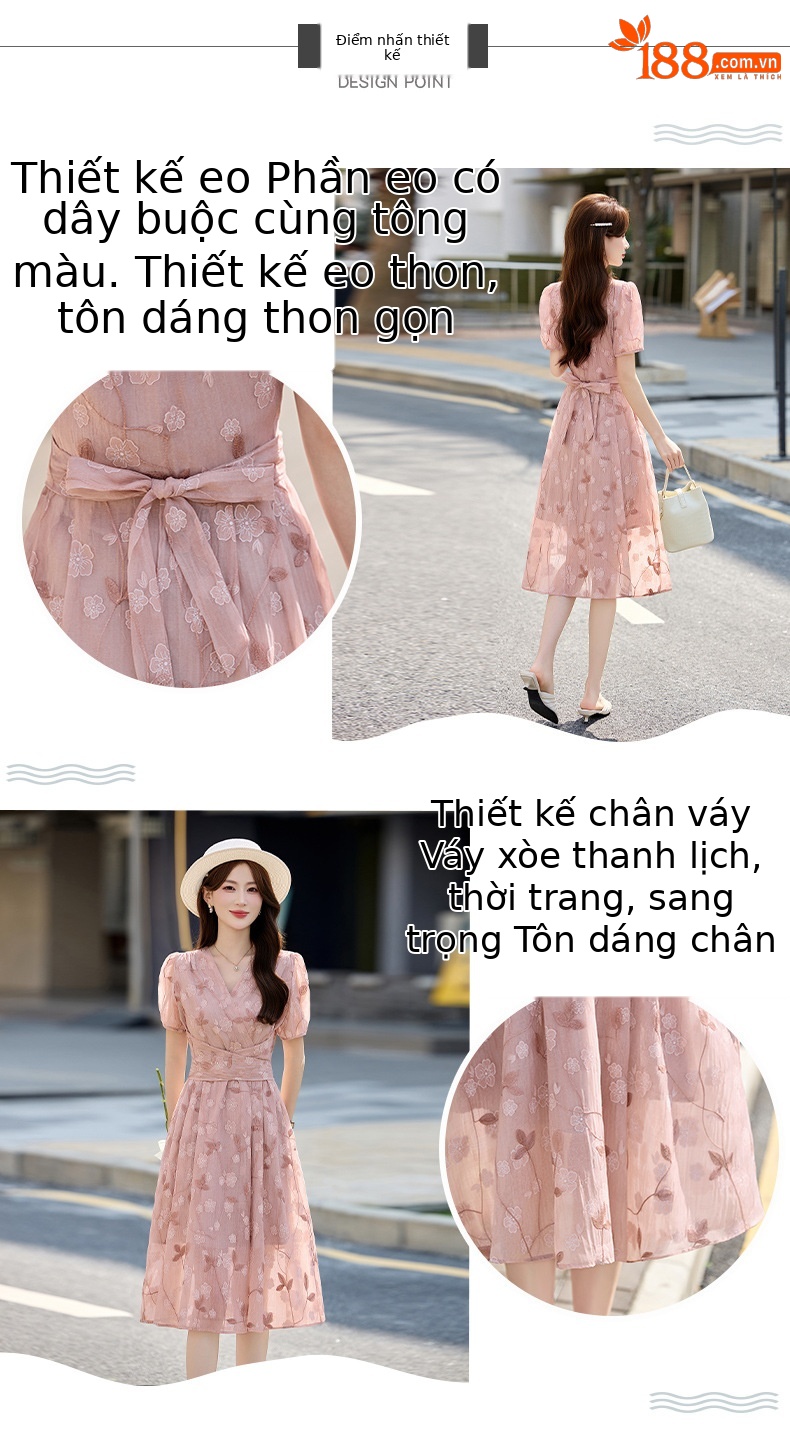 Đầm maxi nữ thắt eo tay bồng họa tiết hoa nhỏ cổ chữ V phong cách tea dress — Màu hồng, màu vàng chi tiết 4