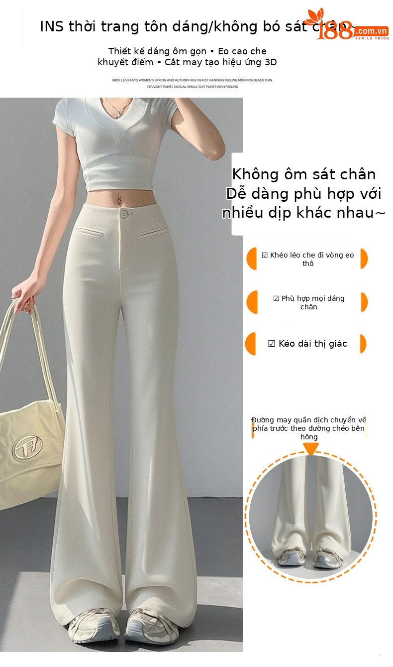 Quần tây nữ ống loe nhẹ eo cao dáng suông rủ — Đen - Loại thông thường chi tiết 4