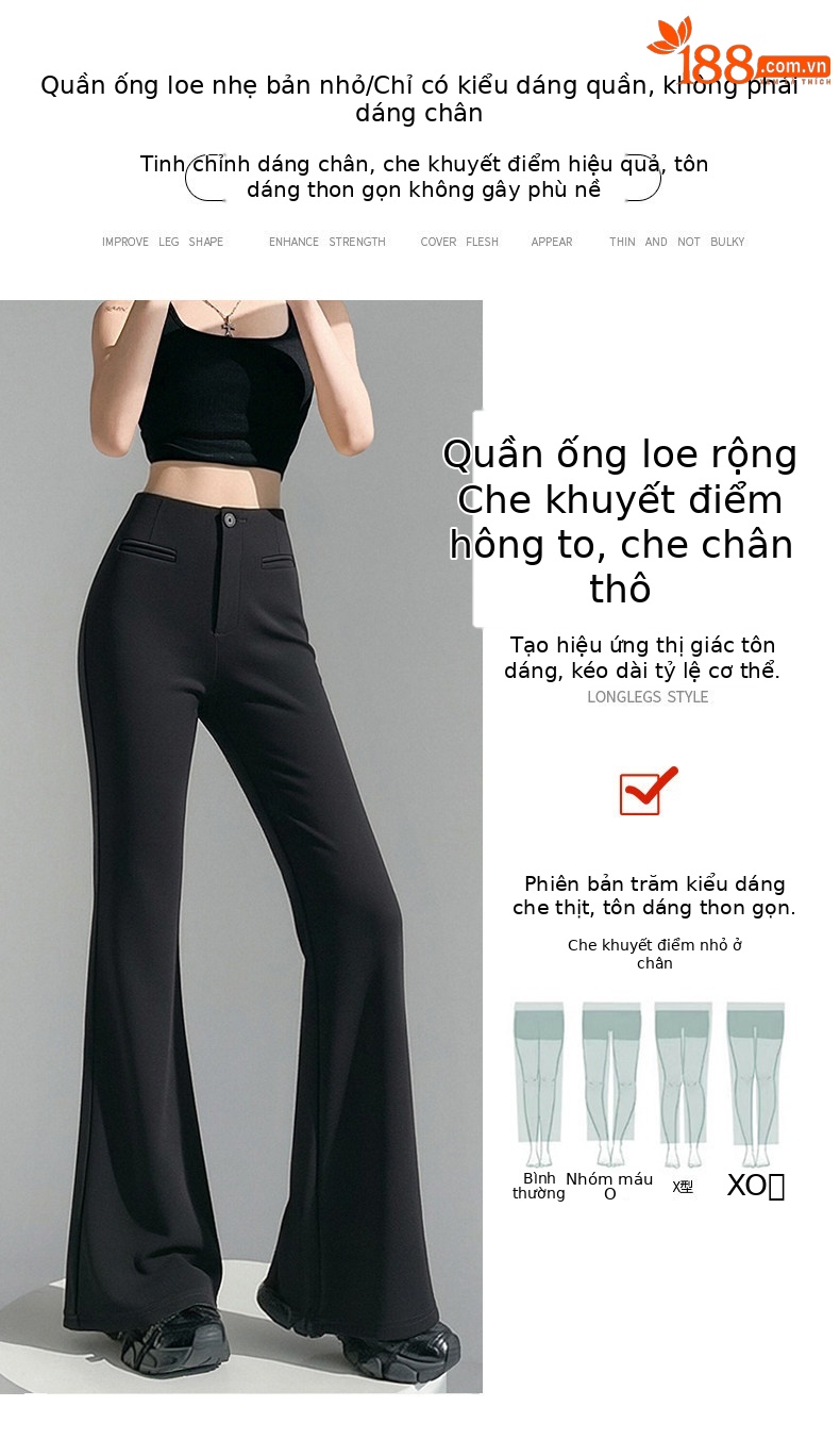 Quần tây nữ ống loe nhẹ eo cao dáng suông rủ — Đen - Loại thông thường chi tiết 6